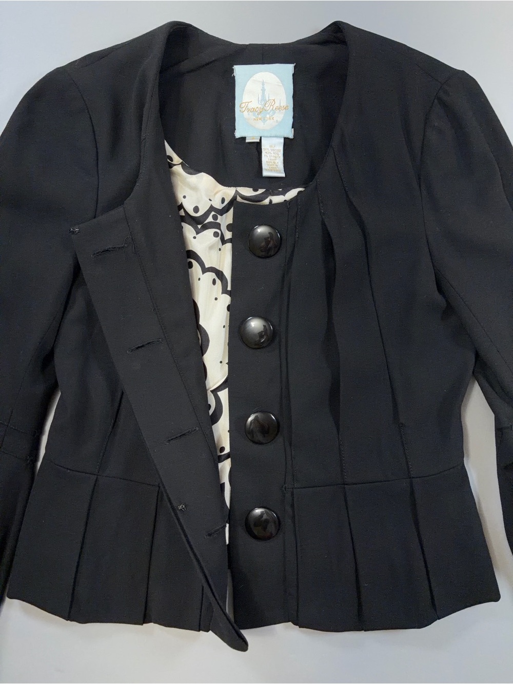 Tracy Reese New York Black Wool Viscose Silk Pleated Peplum Blazer Jacket